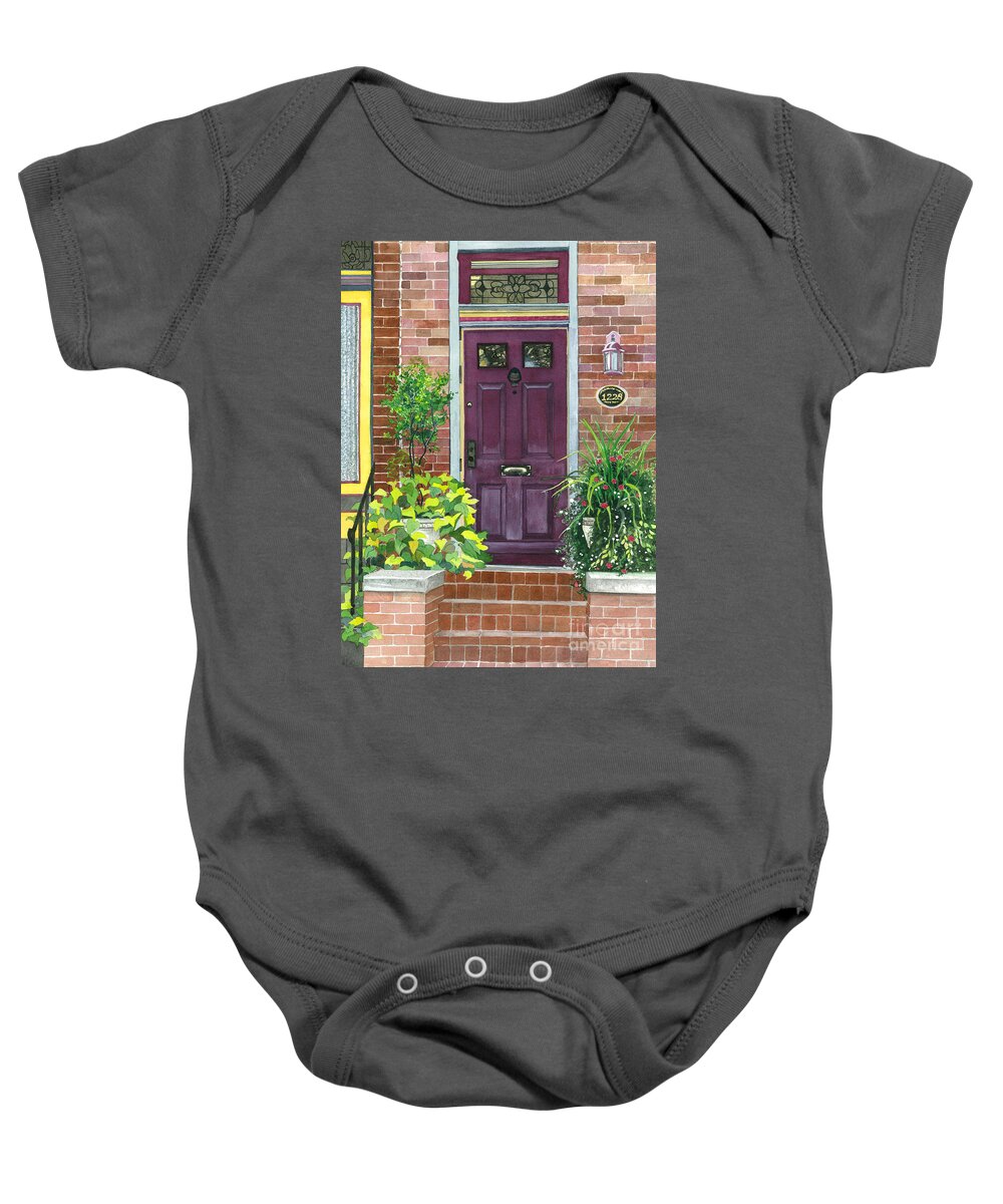 Door Baby Onesie featuring the painting The Purple Door by Barbara Jewell
