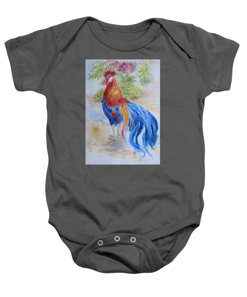 Rooster Baby Onesie featuring the painting Long Tail Rooster by Jyotika Shroff