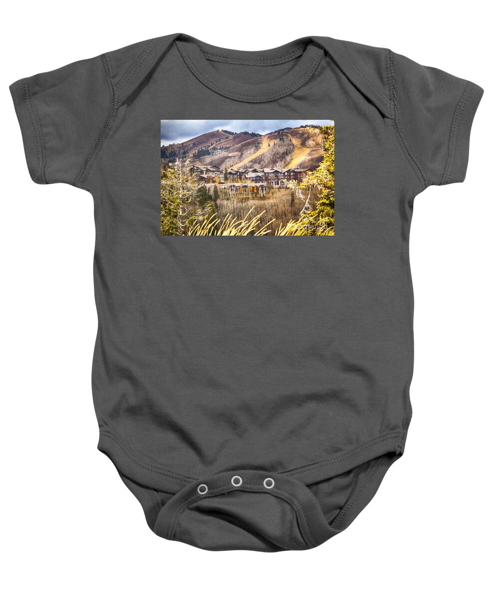 Autumn Baby Onesie featuring the painting The Ski Resort by David Millenheft