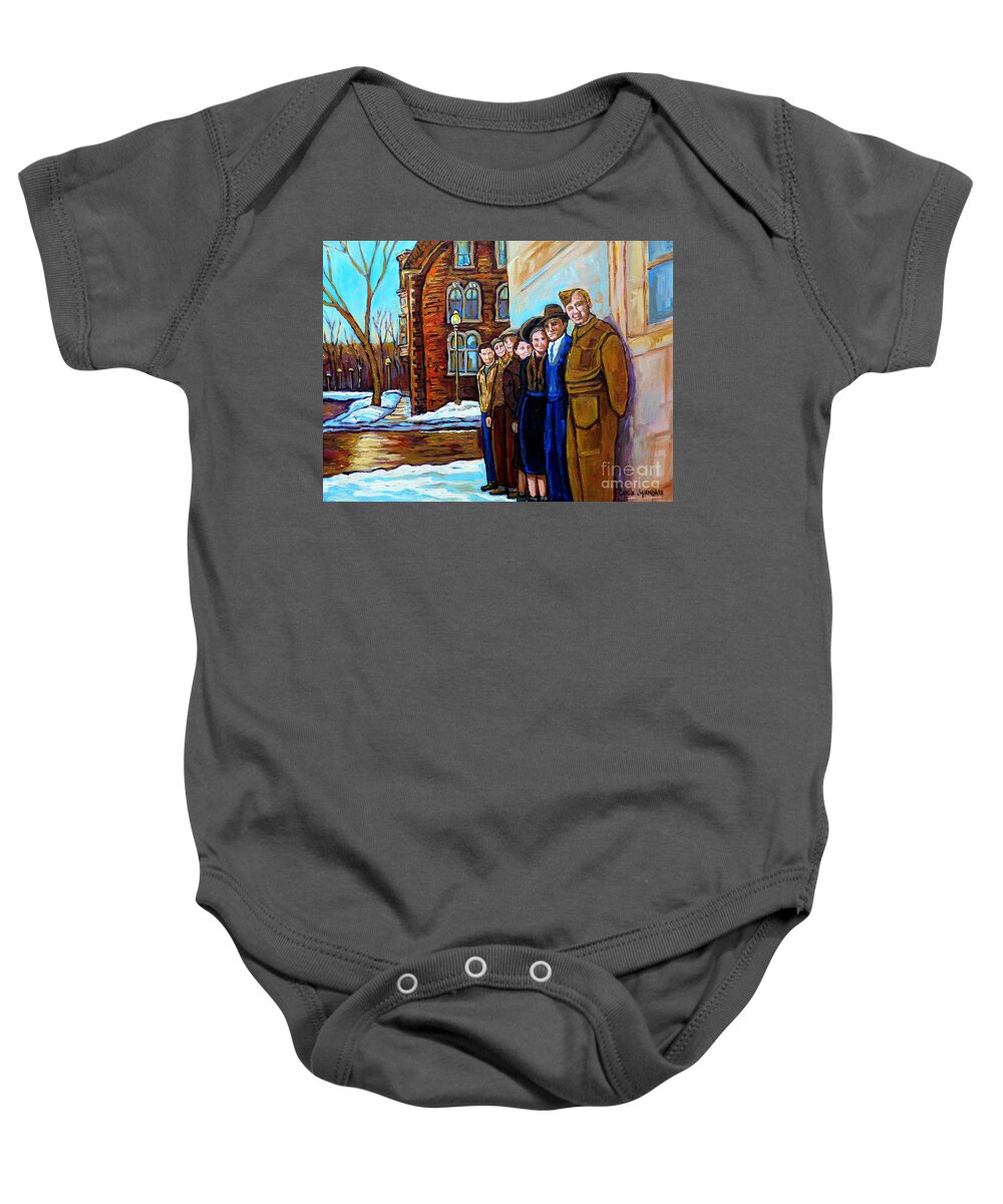 Canadian Art Baby Onesie featuring the painting The War Years 1942 Montreal St Mathieu And De Maisonneuve Street Scene Canadian Art Carole Spandau by Carole Spandau