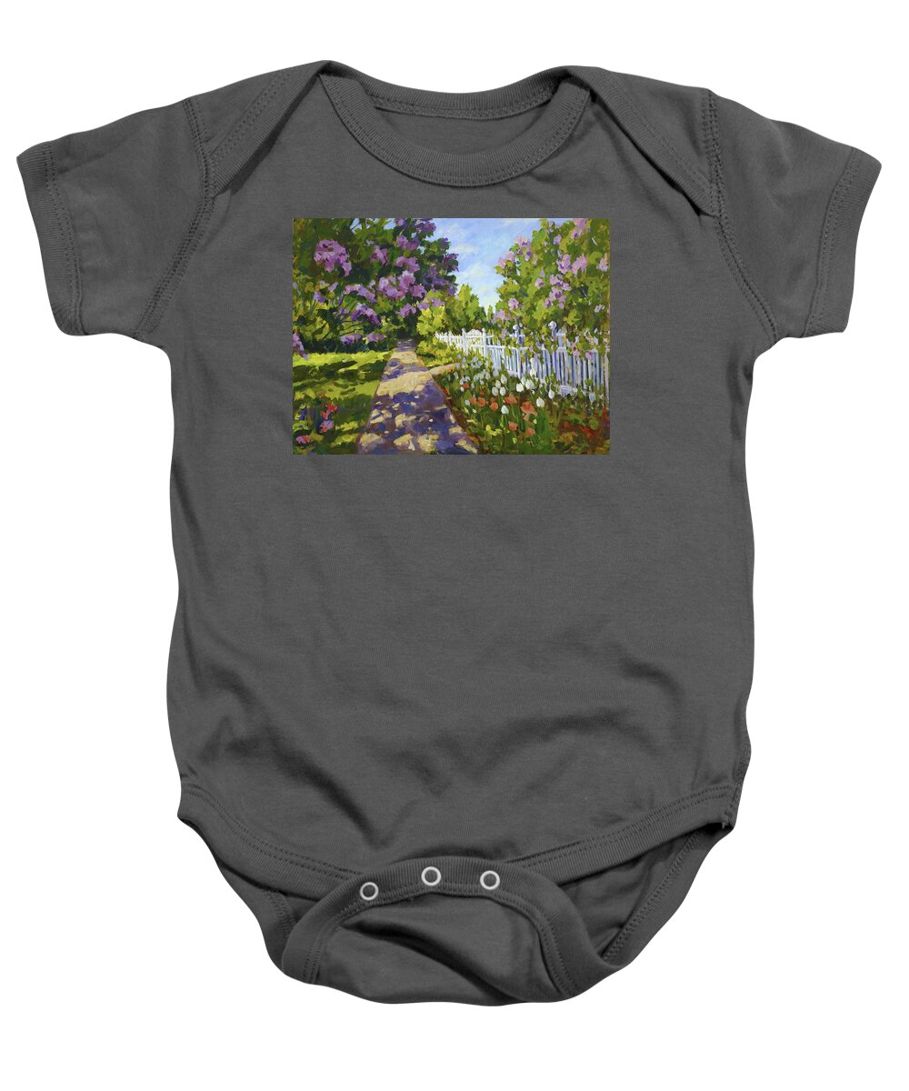 Tulips Baby Onesie featuring the painting The White Fence by Ingrid Dohm