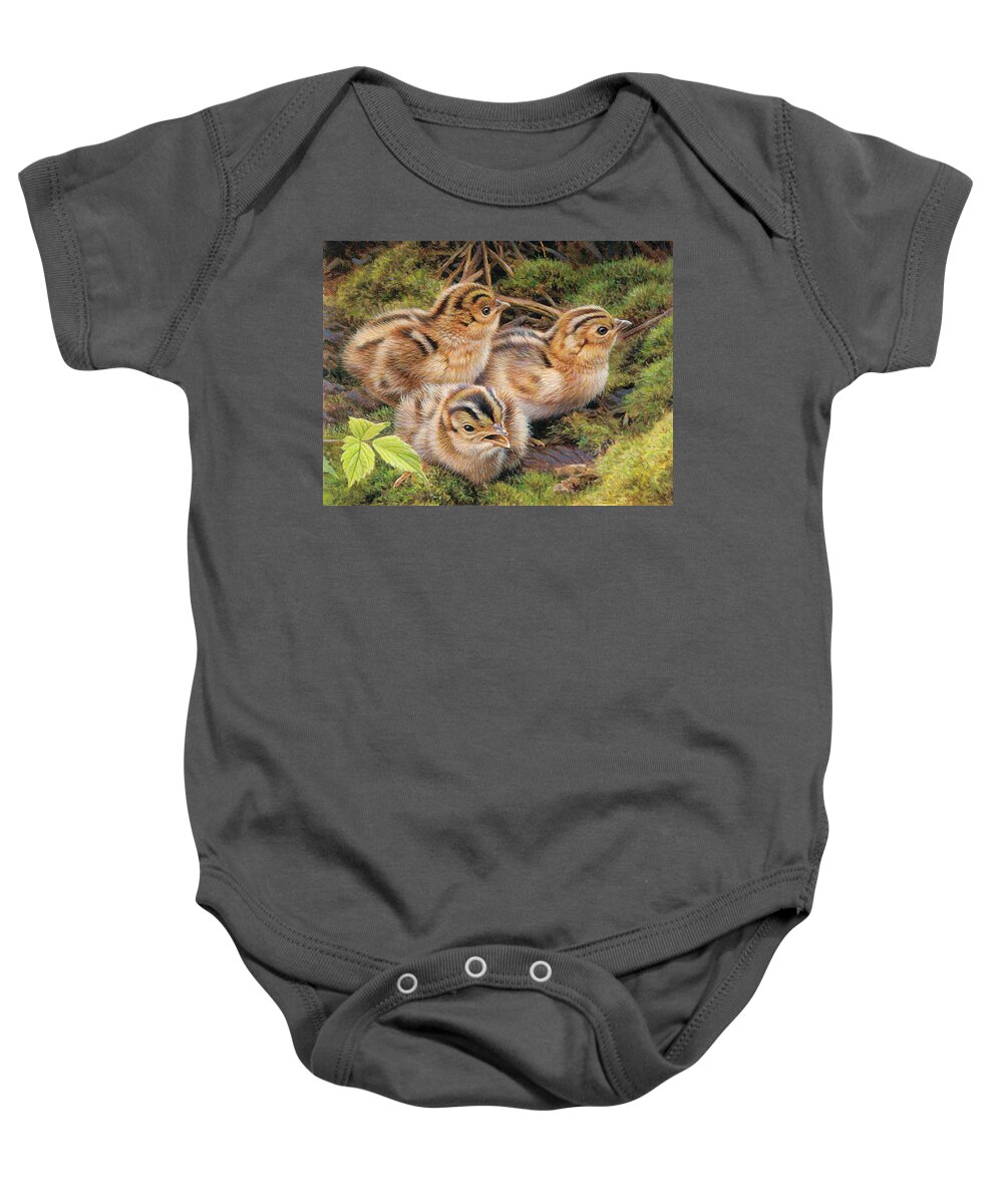 Animal Baby Onesie featuring the photograph Three Pheasant Chicks In Grass by Ikon Ikon Images