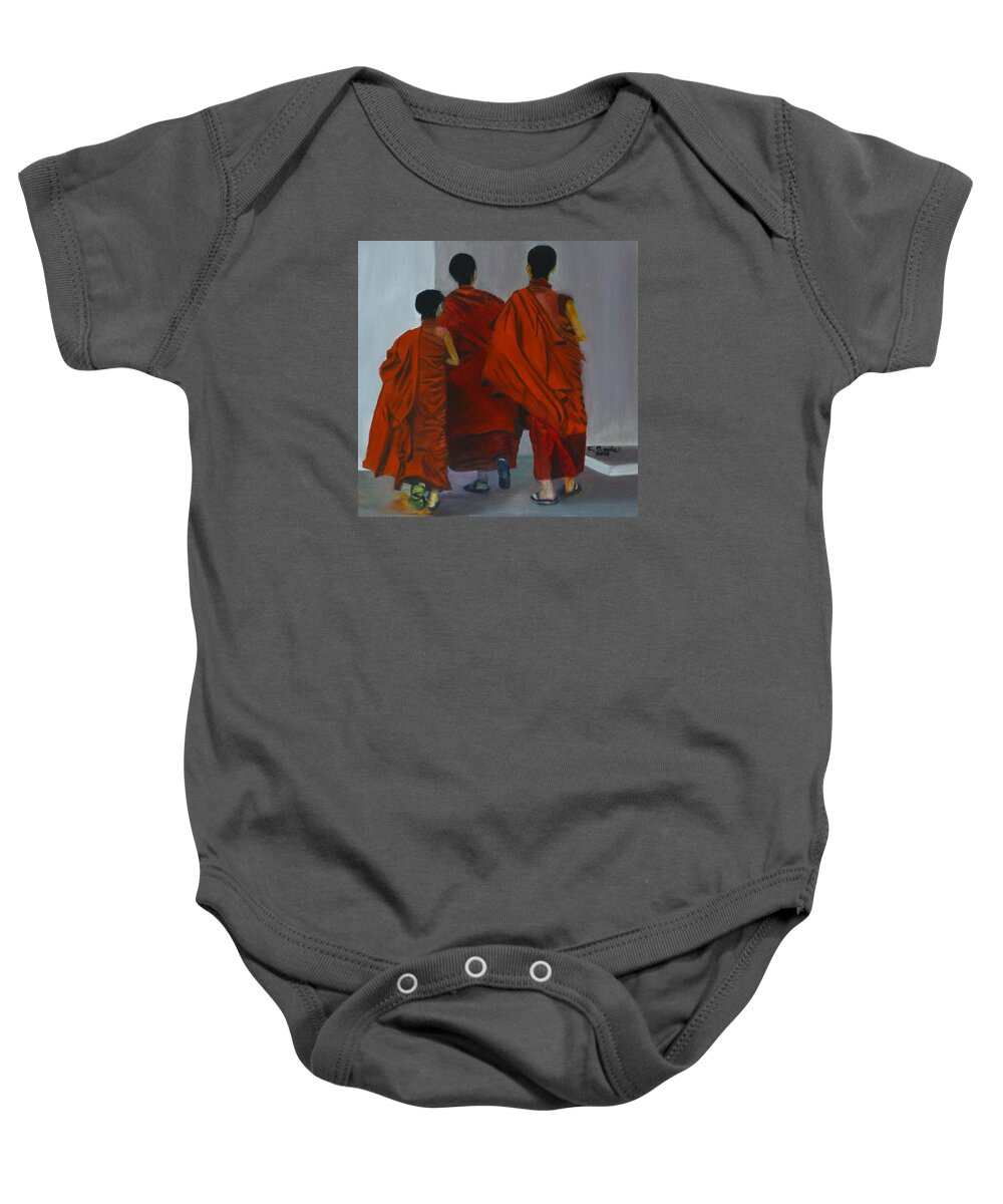 Three Baby Onesie featuring the painting Three Young Monks by Claudia Goodell