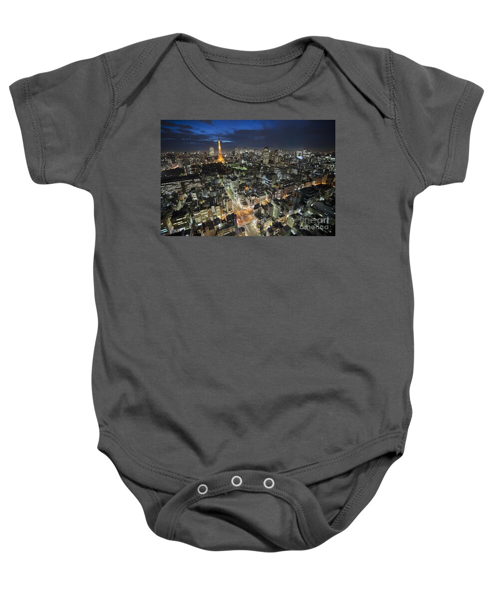 Elevated View Baby Onesie featuring the photograph Tokyo Tower at Night by Bryan Mullennix