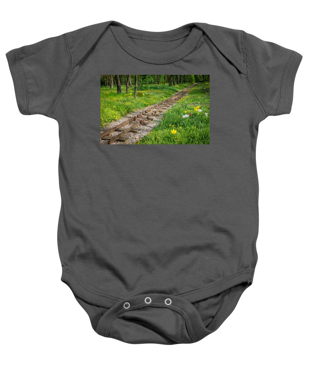 Railroad Baby Onesie featuring the photograph Train Tracks Through Mystic Flower Forest by Andreas Berthold