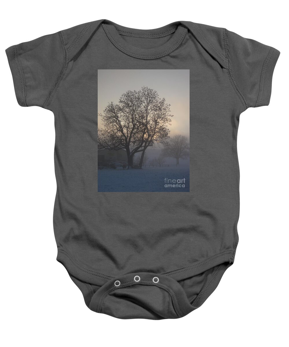 Tree Baby Onesie featuring the photograph Tree in the foggy winter landscape by Amanda Mohler