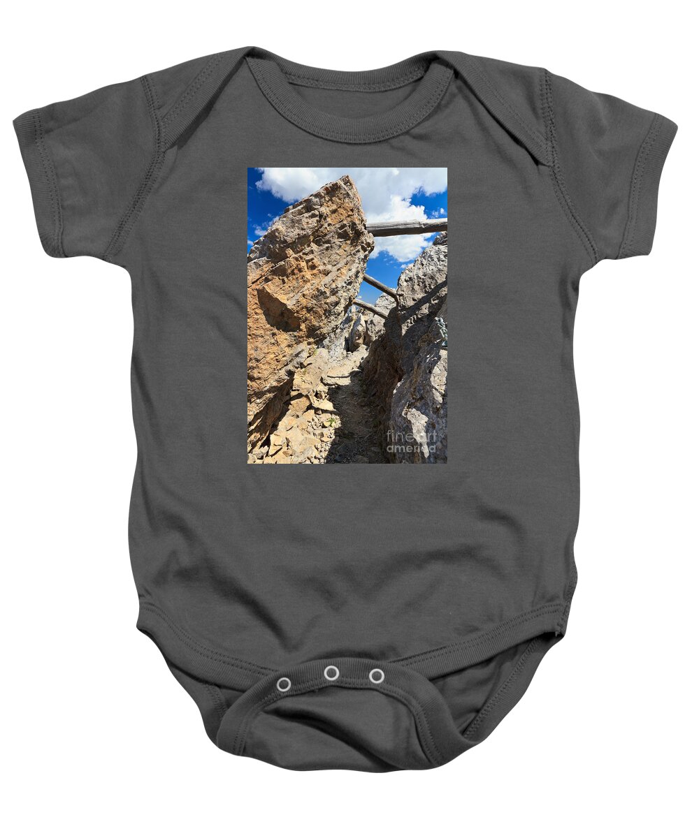 Alpine Baby Onesie featuring the photograph trench in Dolomites by Antonio Scarpi