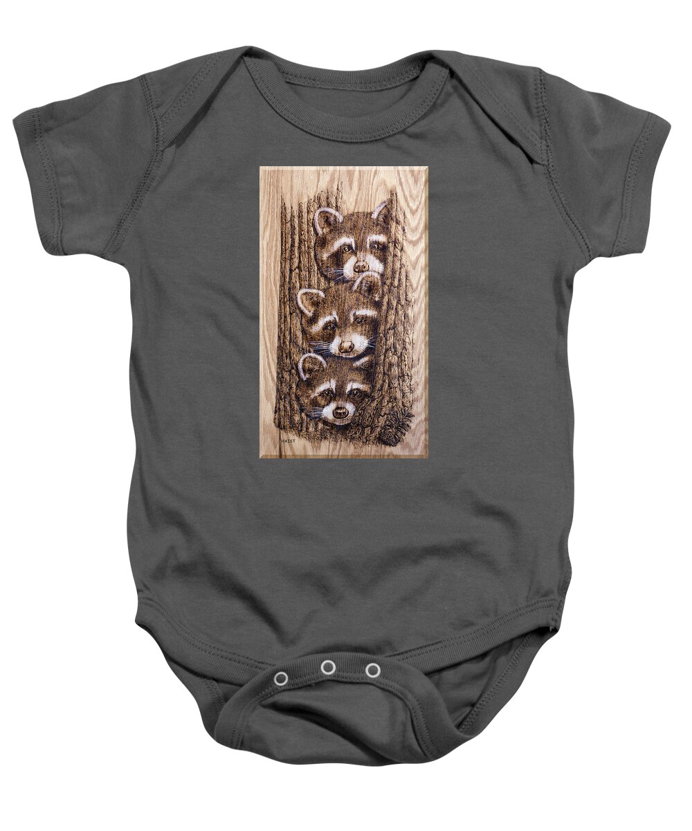 Tags Baby Onesie featuring the pyrography Tres Amegos by Ron Haist