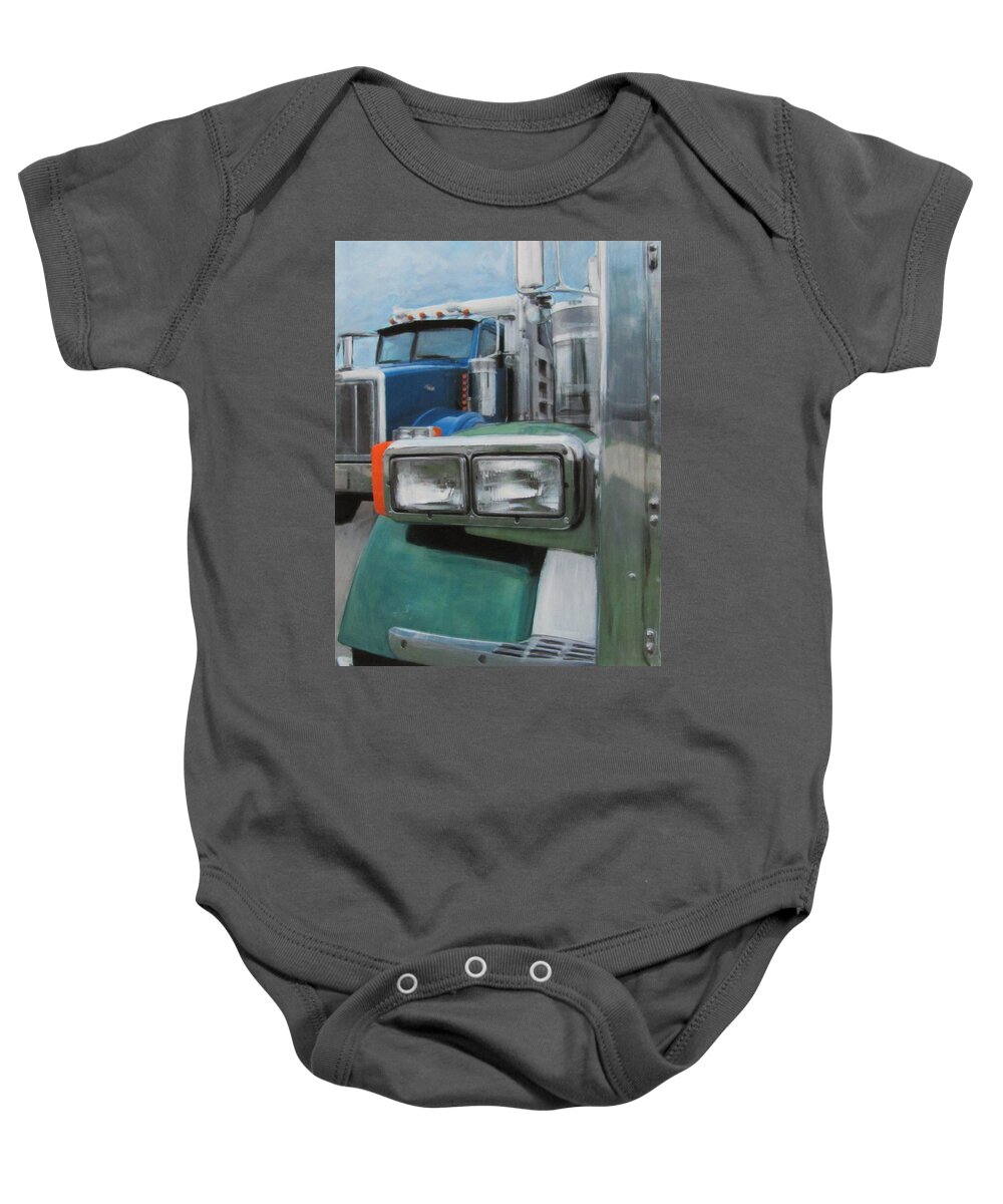 Truck Baby Onesie featuring the painting Trucks in Green and Blue by Anita Burgermeister