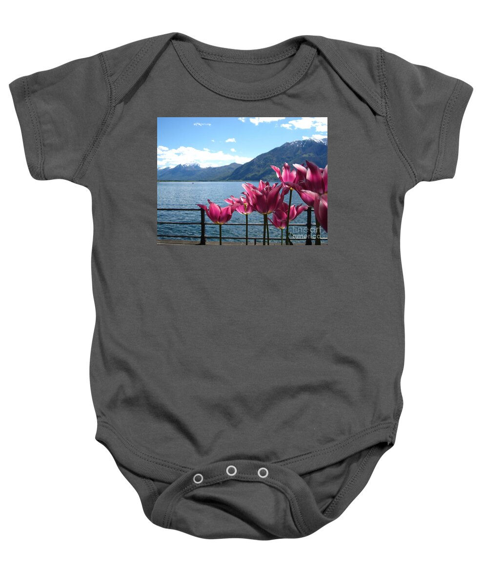 Sky Baby Onesie featuring the photograph Tulips at Lake Geneva by Amanda Mohler