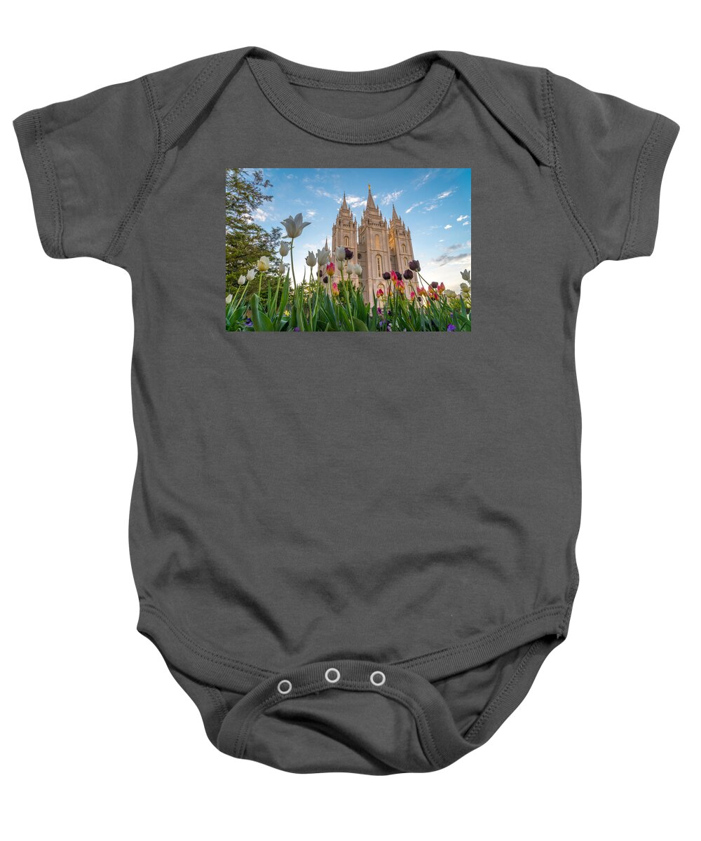 Utah Baby Onesie featuring the photograph Tulips at the Temple by Dustin LeFevre