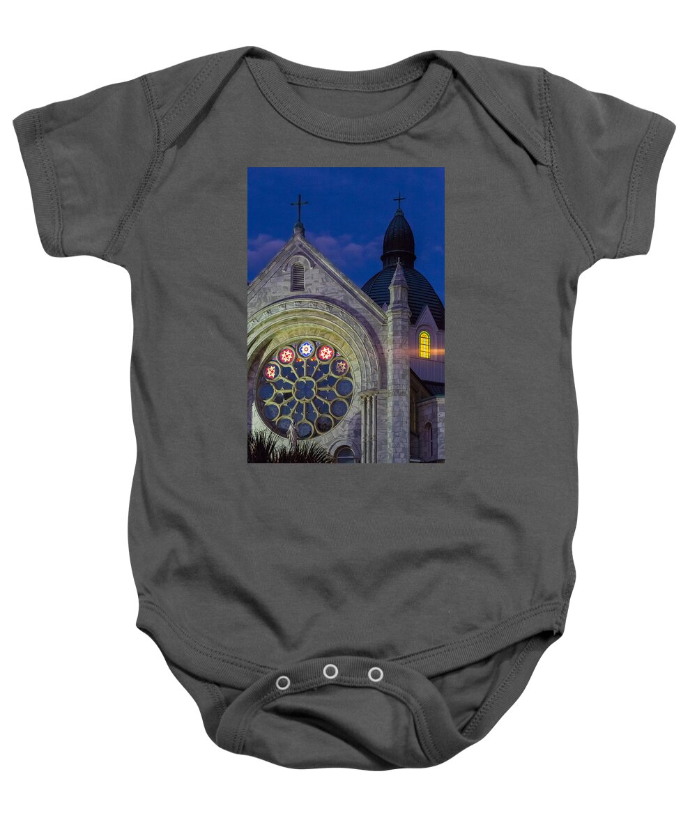 Architectural Features Baby Onesie featuring the photograph Twilight at Sacred Heart by Ed Gleichman