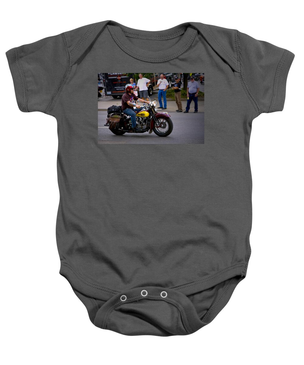 Motorcycle Cannonball Baby Onesie featuring the photograph Un-named Crosscountry Harley by Jeff Kurtz