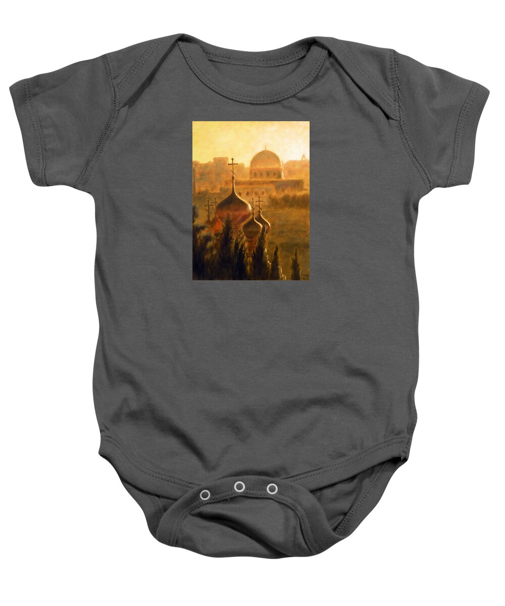 View From The Mount Of Olives Baby Onesie featuring the painting View from the Mount of Olives Jerusalem by Uma Krishnamoorthy