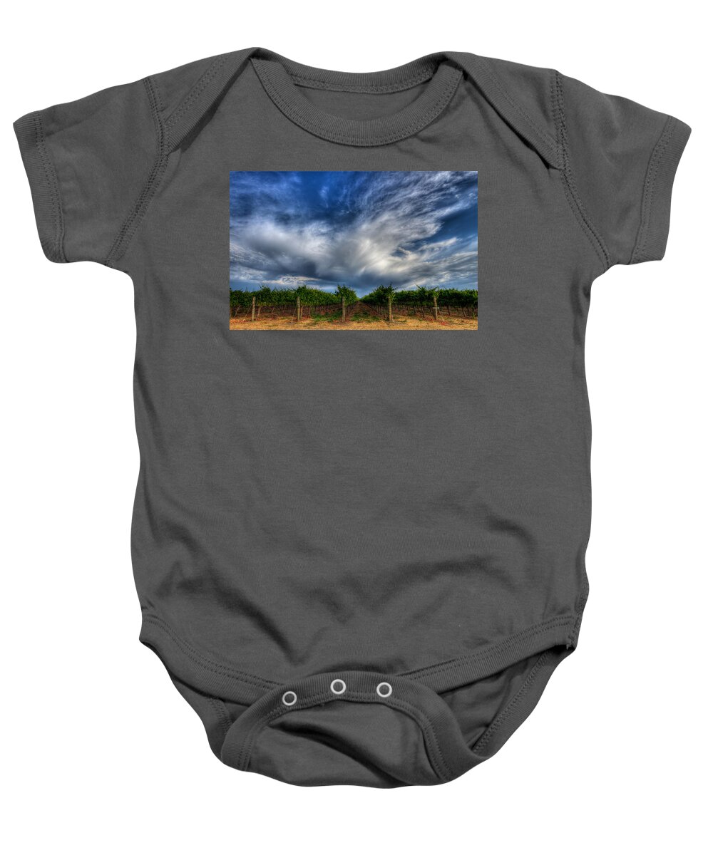 Vineyard Baby Onesie featuring the photograph Vineyard Storm by Beth Sargent