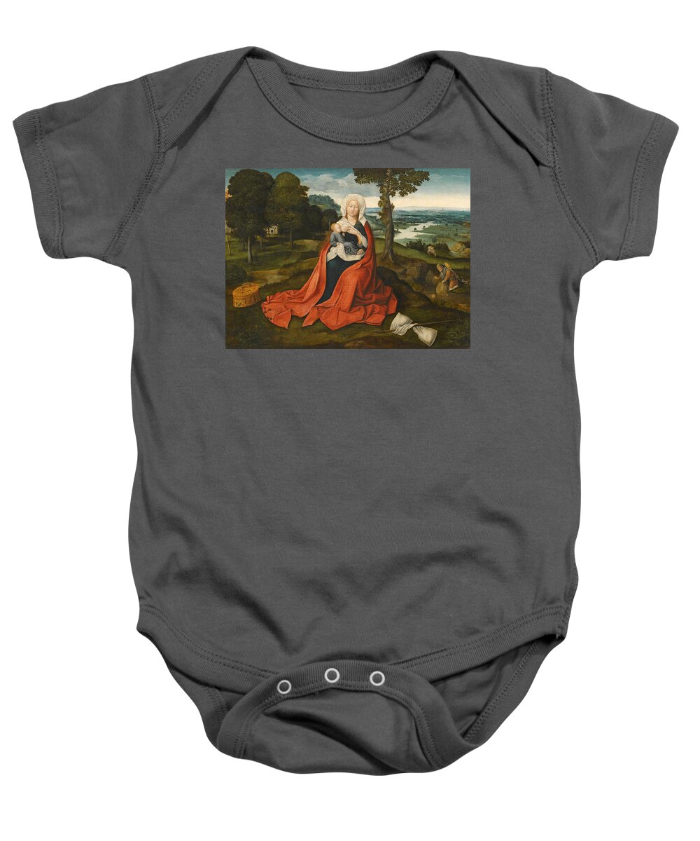 Workshop Of Joachim Patinir Baby Onesie featuring the painting Virgin and Child seated before an extensive Landscape by Workshop of Joachim Patinir