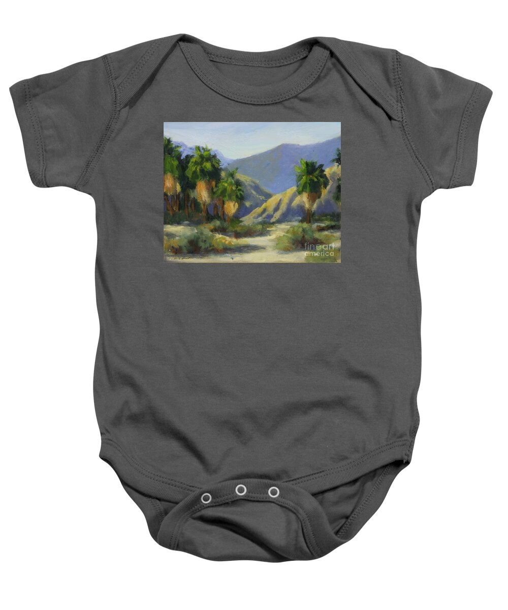 Desert Scene Baby Onesie featuring the painting California Palms in the Preserve by Maria Hunt
