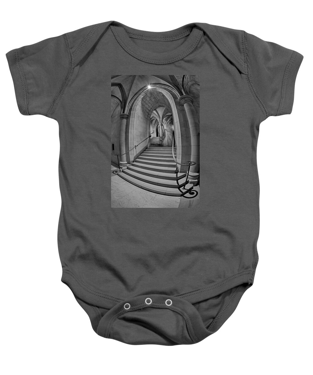 National Cathedral Baby Onesie featuring the photograph Washington National Cathedral Crypt Level Stairs BW by Susan Candelario