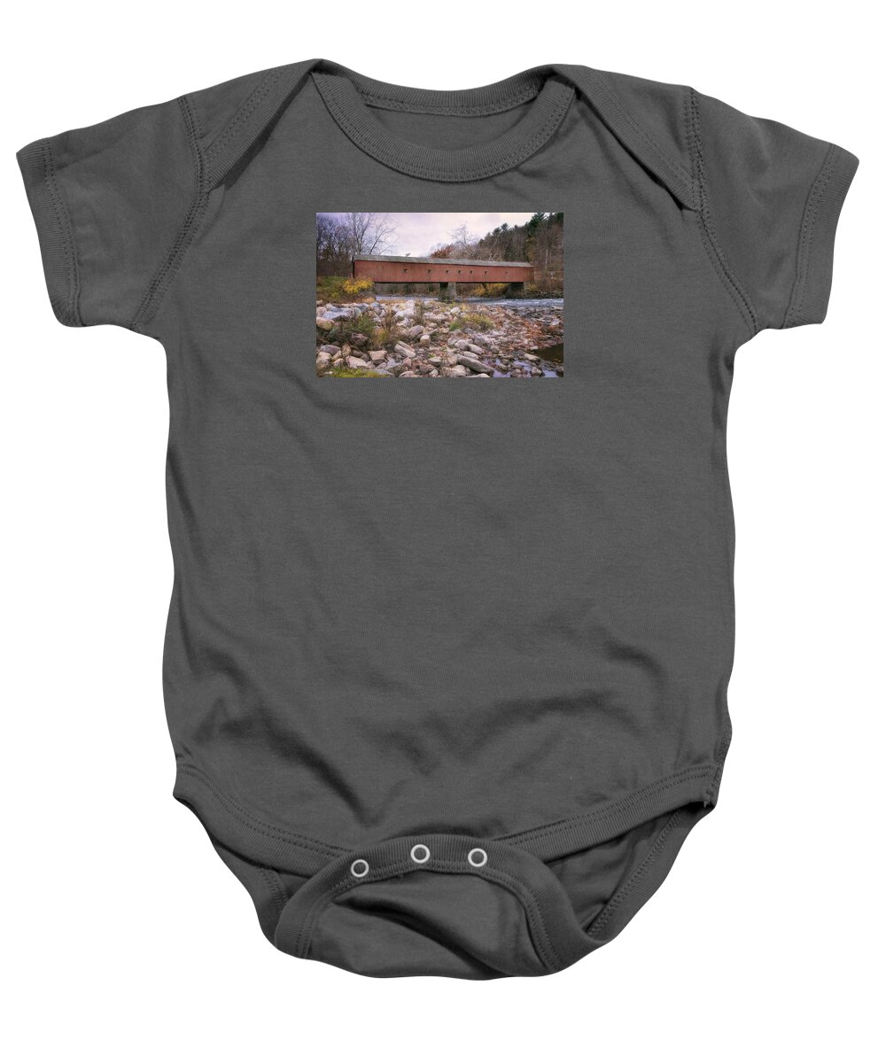 Joan Carroll Baby Onesie featuring the photograph West Cornwall Covered Bridge by Joan Carroll