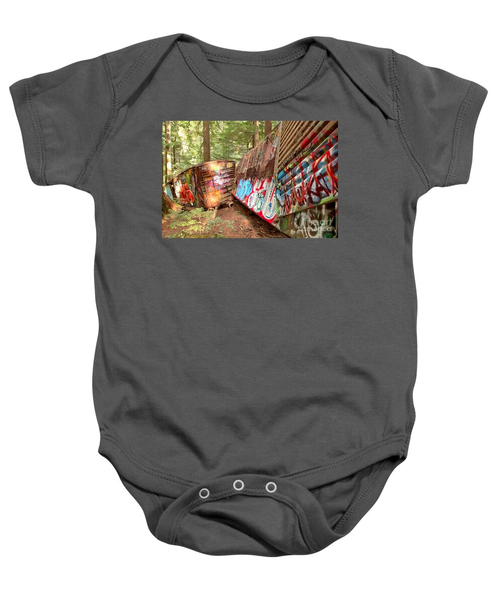 Canadian Train Wreck Baby Onesie featuring the photograph Whistler Train Wreck Box Cars by Adam Jewell