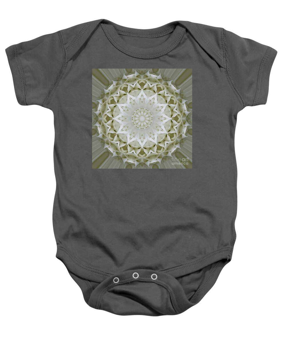 Mandala Baby Onesie featuring the photograph White Floral Mandala 7 by Carrie Cranwill