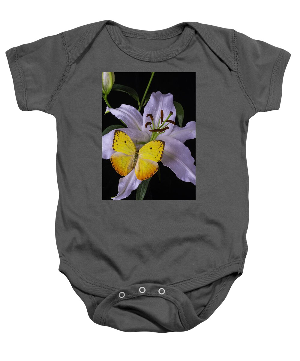 White Tiger Lily Baby Onesie featuring the photograph White Lily With Yellow Butterfly by Garry Gay
