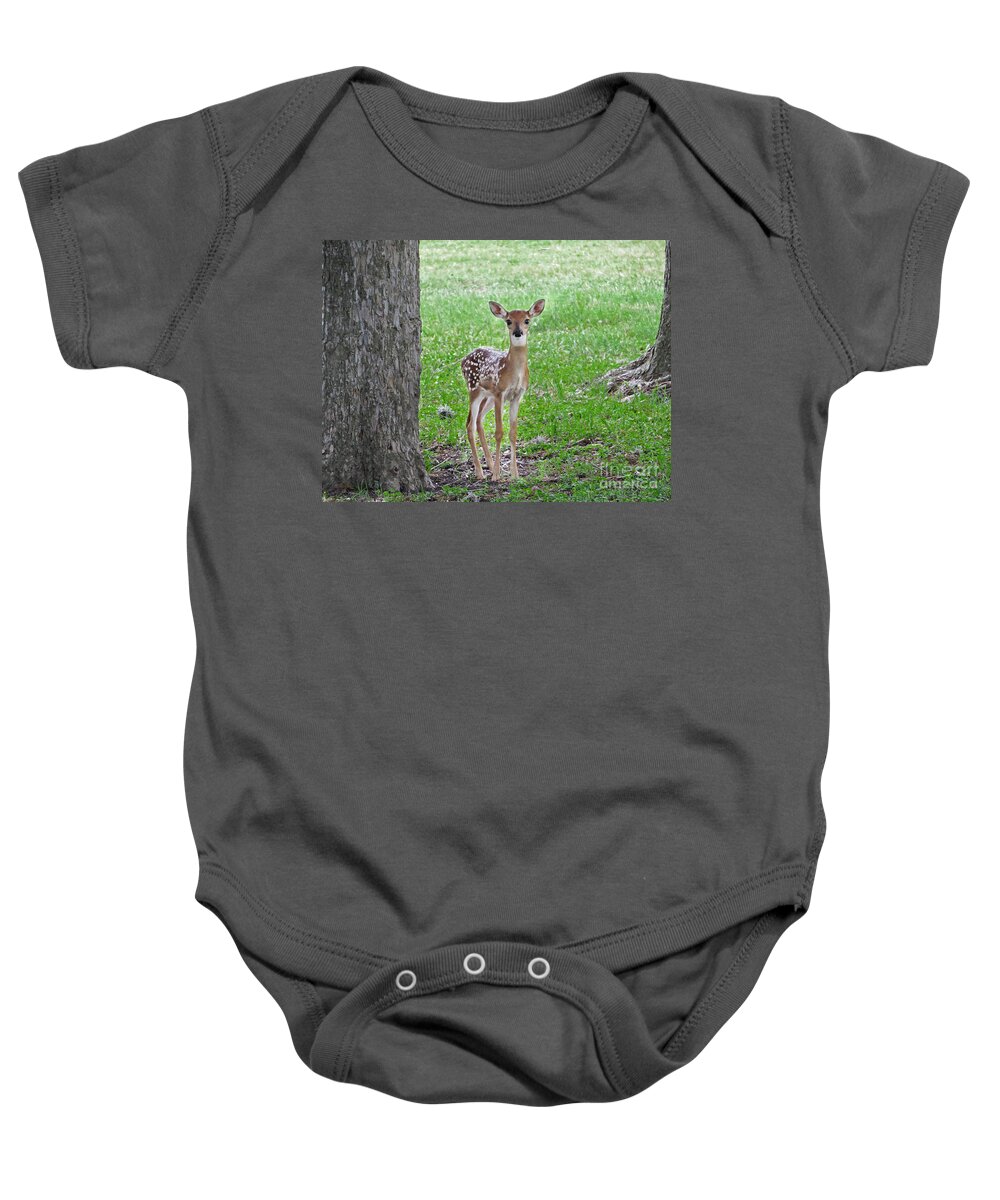 Nature Art Print Baby Onesie featuring the photograph White-Tailed Fawn - Face of Innocence by Ella Kaye Dickey
