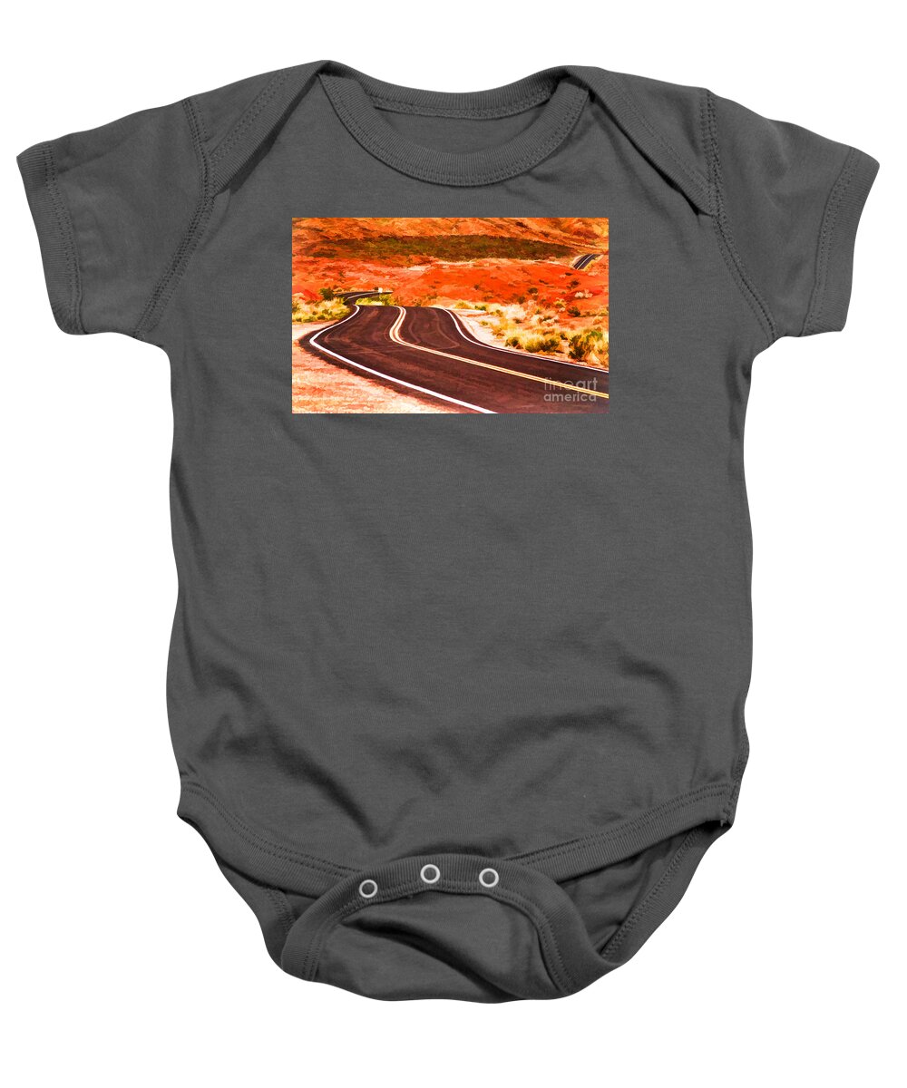 Road Baby Onesie featuring the photograph Winding Road In Valley Of Fire - Painterly by Les Palenik