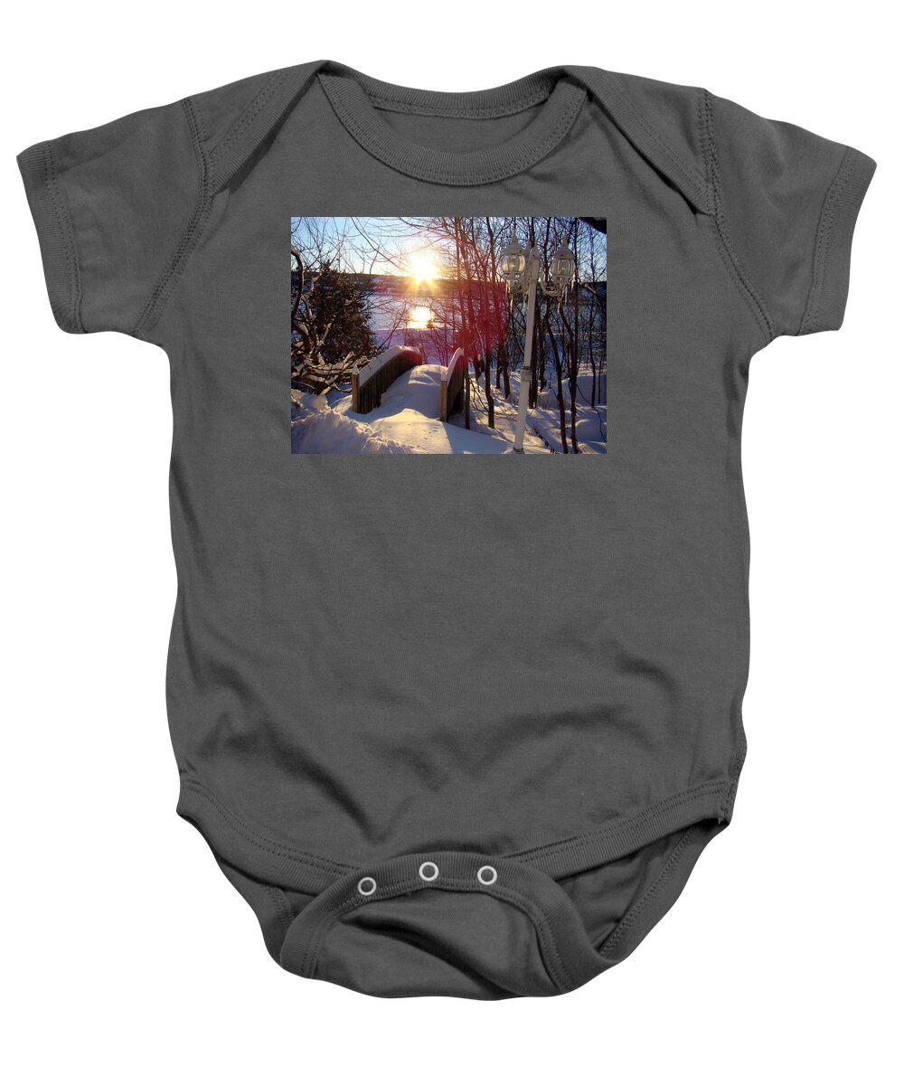 Lamp Baby Onesie featuring the photograph Winter Scene by Zinvolle Art