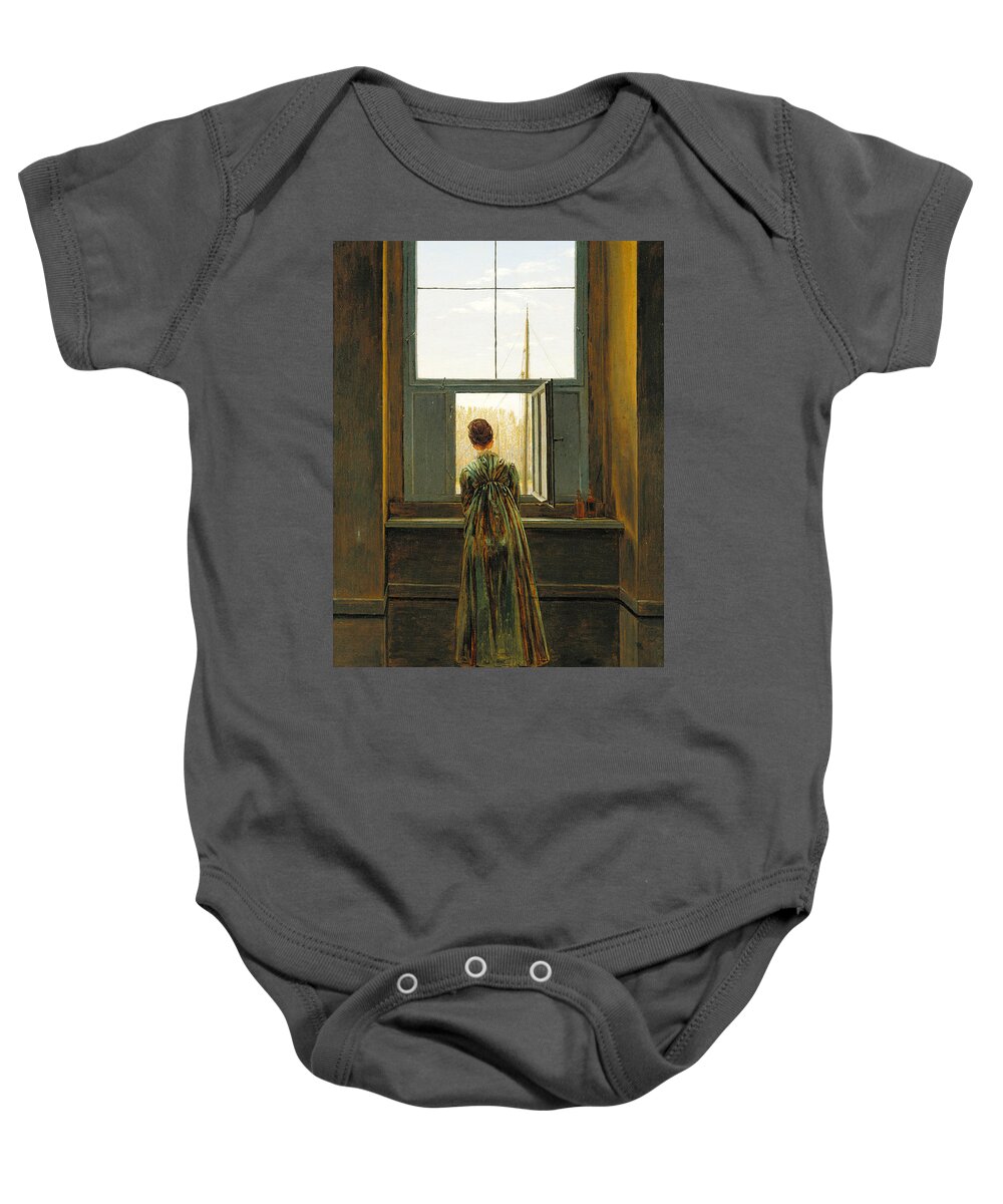 Caspar David Friedrich Baby Onesie featuring the painting Woman at a Window by Caspar David Friedrich