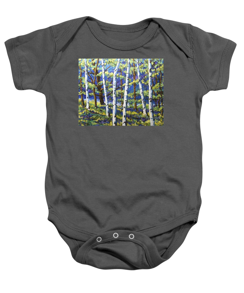Canadian Landscape Created By Richard T Pranke Baby Onesie featuring the painting Woodland Birches by Richard T Pranke