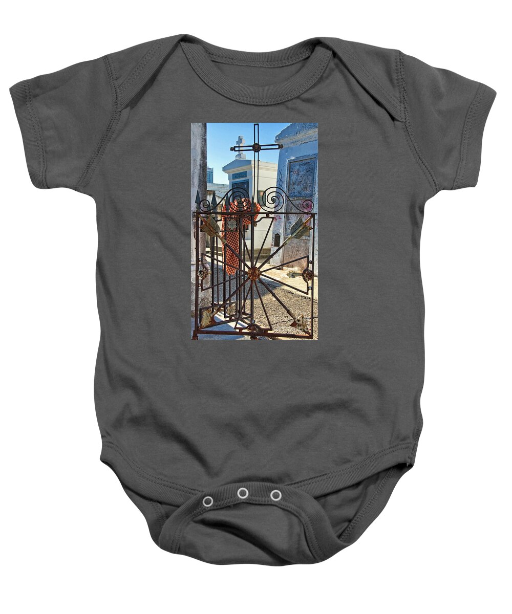 Metal Baby Onesie featuring the photograph Wrought Iron Gate and Marie Laveau New Orleans by Kathleen K Parker