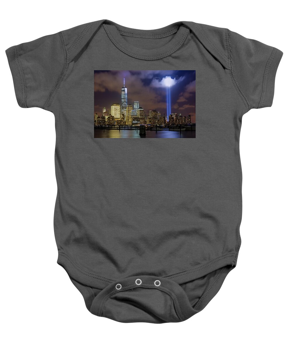 Tribute In Light Baby Onesie featuring the photograph WTC Tribute In Lights NYC by Susan Candelario
