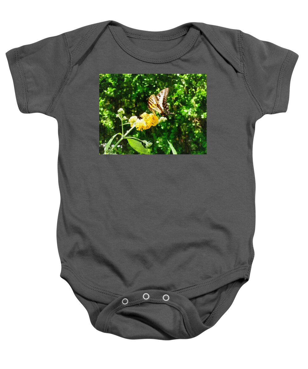 Butterfly Baby Onesie featuring the photograph Yellow Swallowtail on Yellow Lantana by Susan Savad