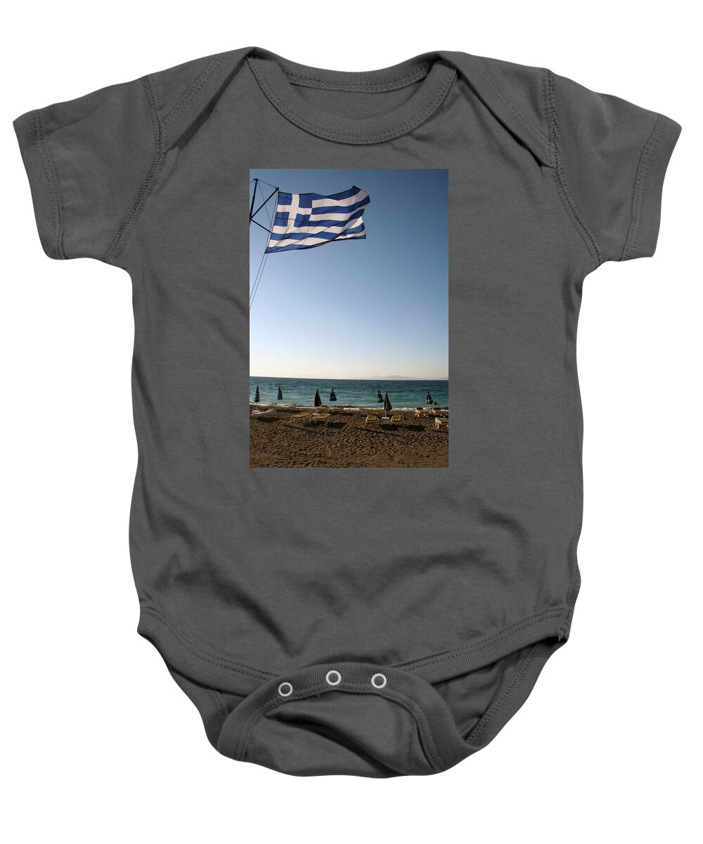 Greece Baby Onesie featuring the photograph Greek Flag over Sandy Beaches #1 by La Dolce Vita