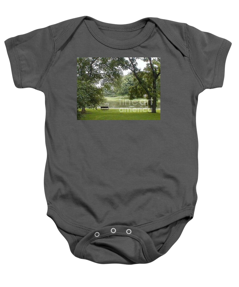 Bench Baby Onesie featuring the photograph A Quiet Place by Vonda Lawson-Rosa