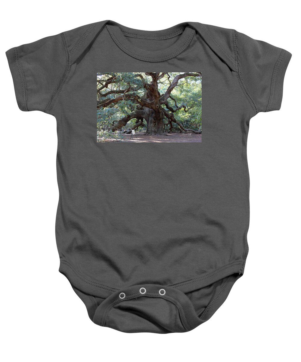 Angel Oak Baby Onesie featuring the photograph Angel Oak - Dont Climb or Carve on the Tree by Suzanne Gaff