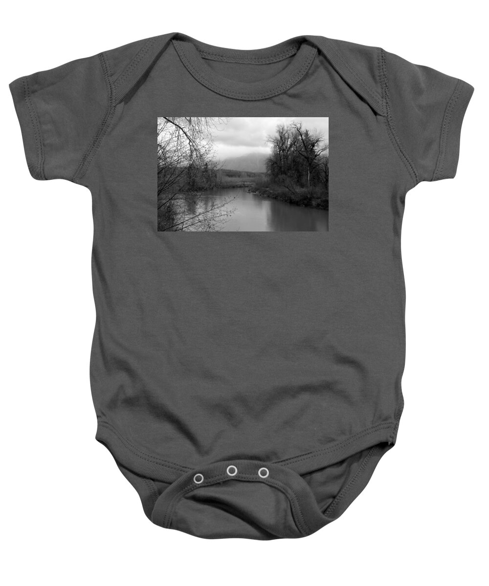 Landscape Baby Onesie featuring the photograph At the River Turn BW by Kathleen Grace