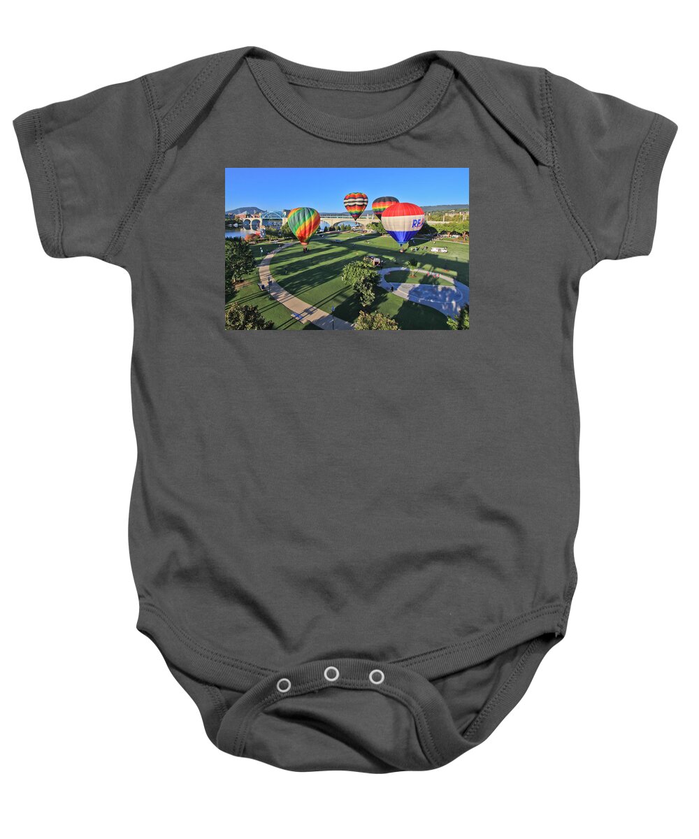 Balloons Baby Onesie featuring the photograph Balloons in Coolidge Park by Tom and Pat Cory