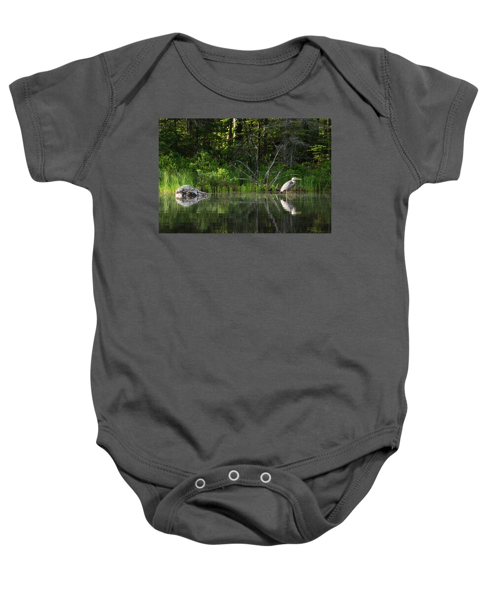 White Mountain Baby Onesie featuring the photograph Blue Heron Long Pond WMNF by Benjamin Dahl