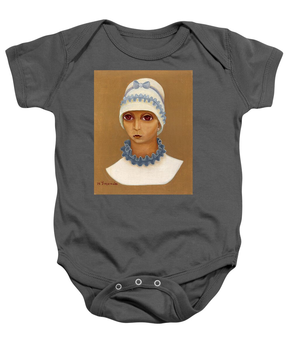 Colorful Baby Onesie featuring the painting Colorful young woman brown eyes blue white hat collar with ribbon small lips by Rachel Hershkovitz