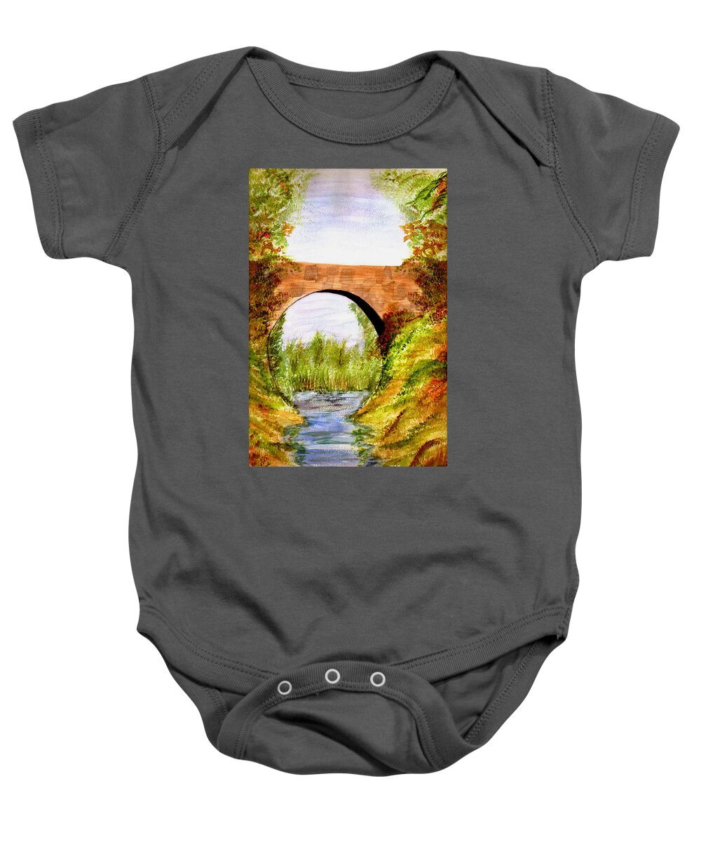 Watercolor Baby Onesie featuring the painting Country Bridge by Paula Ayers