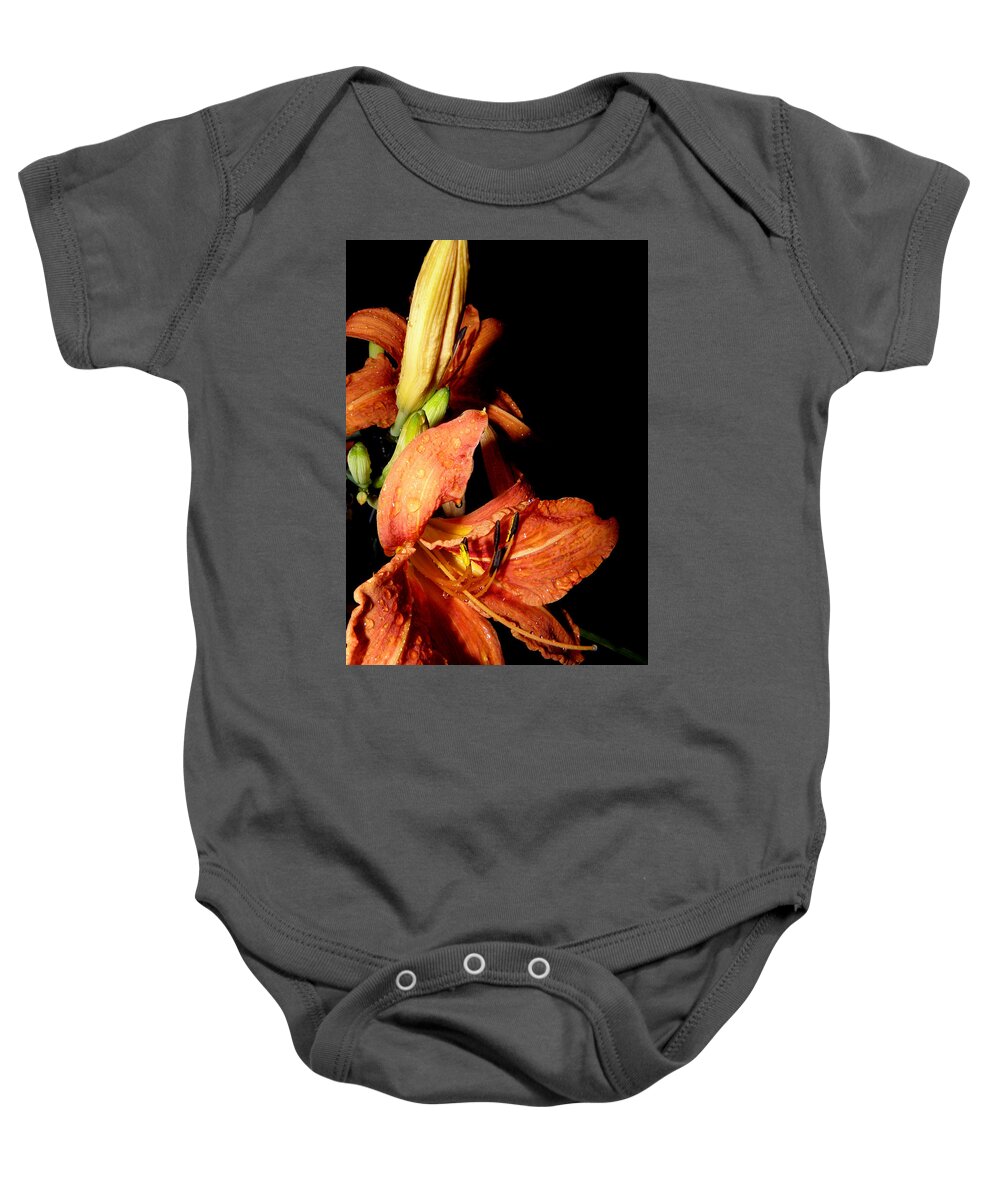 Flower Baby Onesie featuring the photograph Daylilies at Night by Kim Galluzzo