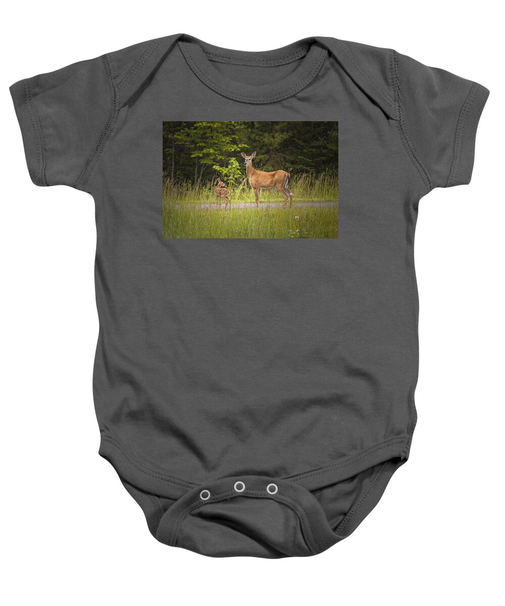 Art Baby Onesie featuring the photograph Doe and Fawn along a roadside near Iron Mountain Michigan. by Randall Nyhof