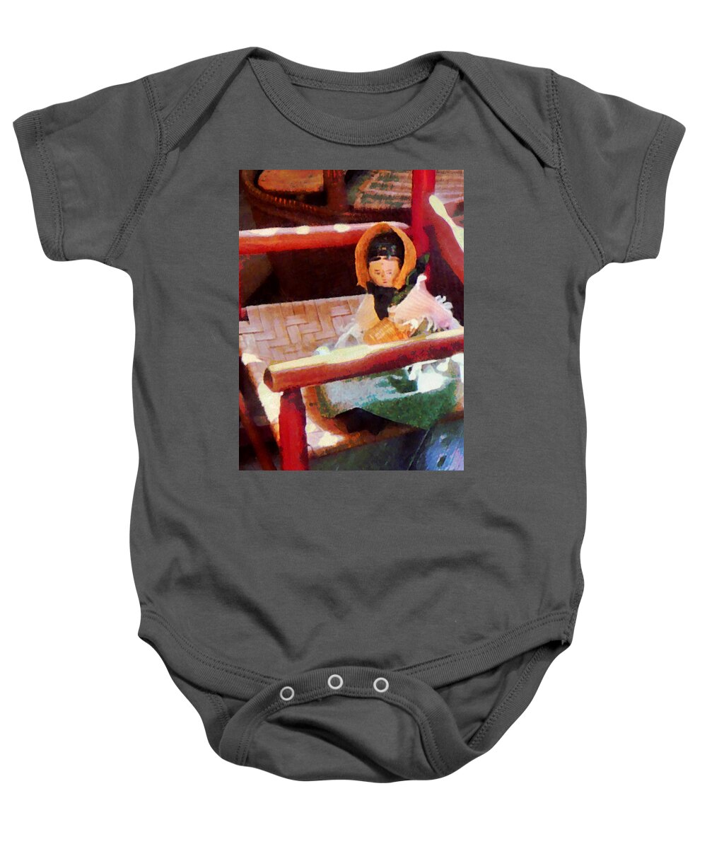 Doll Baby Onesie featuring the photograph Doll on Red Chair by Susan Savad