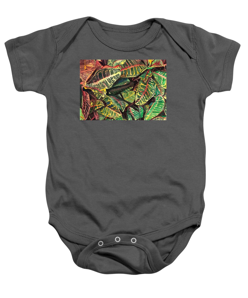 Croton Baby Onesie featuring the painting Elena's Crotons by Marionette Taboniar