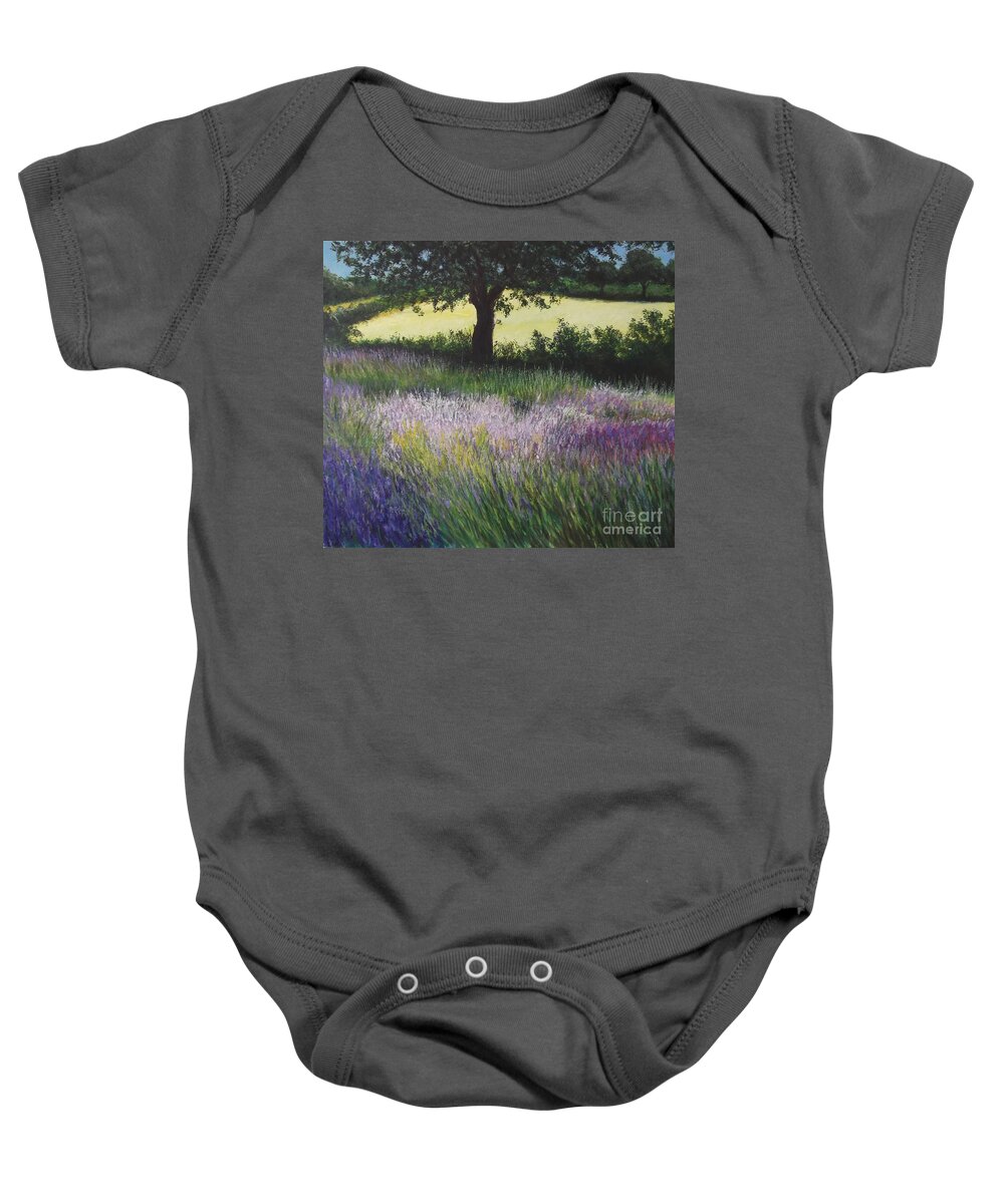 Lavender Baby Onesie featuring the painting Fields of Lavender, England by Lizzy Forrester