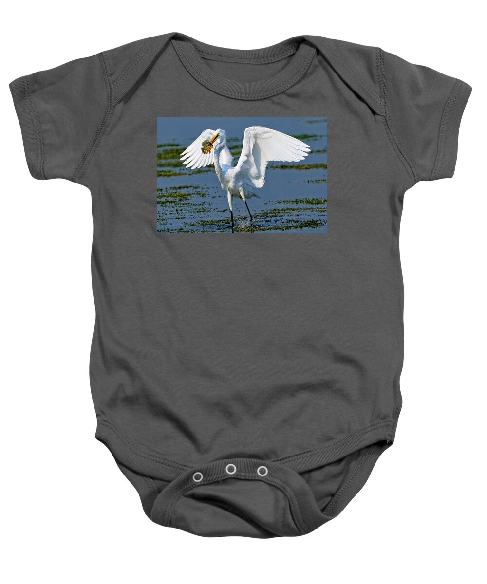 Grat White Egret Baby Onesie featuring the photograph Fish'n in the morning by Bill Dodsworth