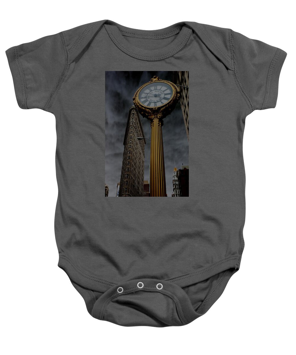 New York Baby Onesie featuring the photograph Flatiron Building and Clock by Andrew Fare