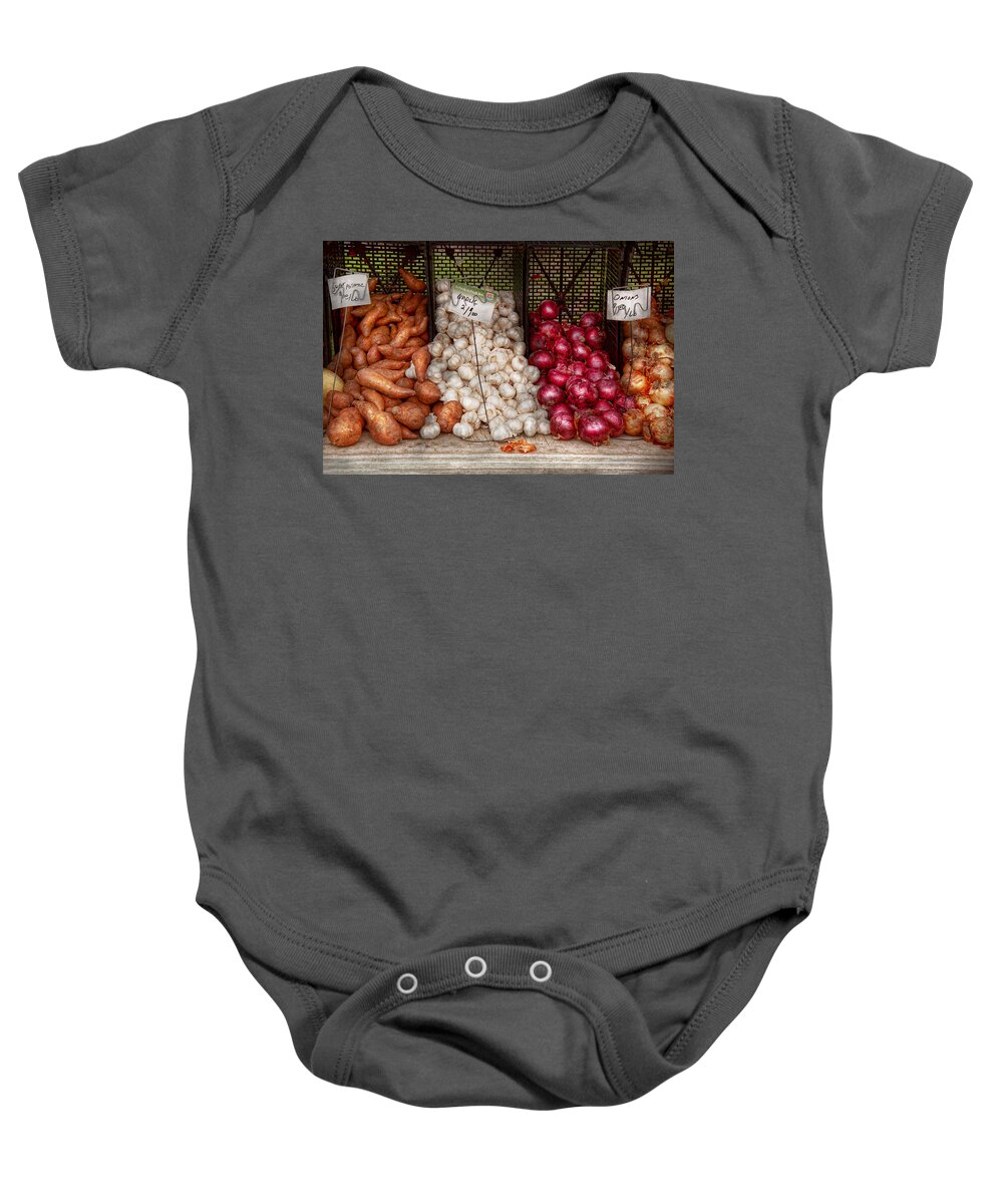 Chef Baby Onesie featuring the photograph Food - Vegetable - Sweet potatoes-Garlic- and Onions - Yum by Mike Savad
